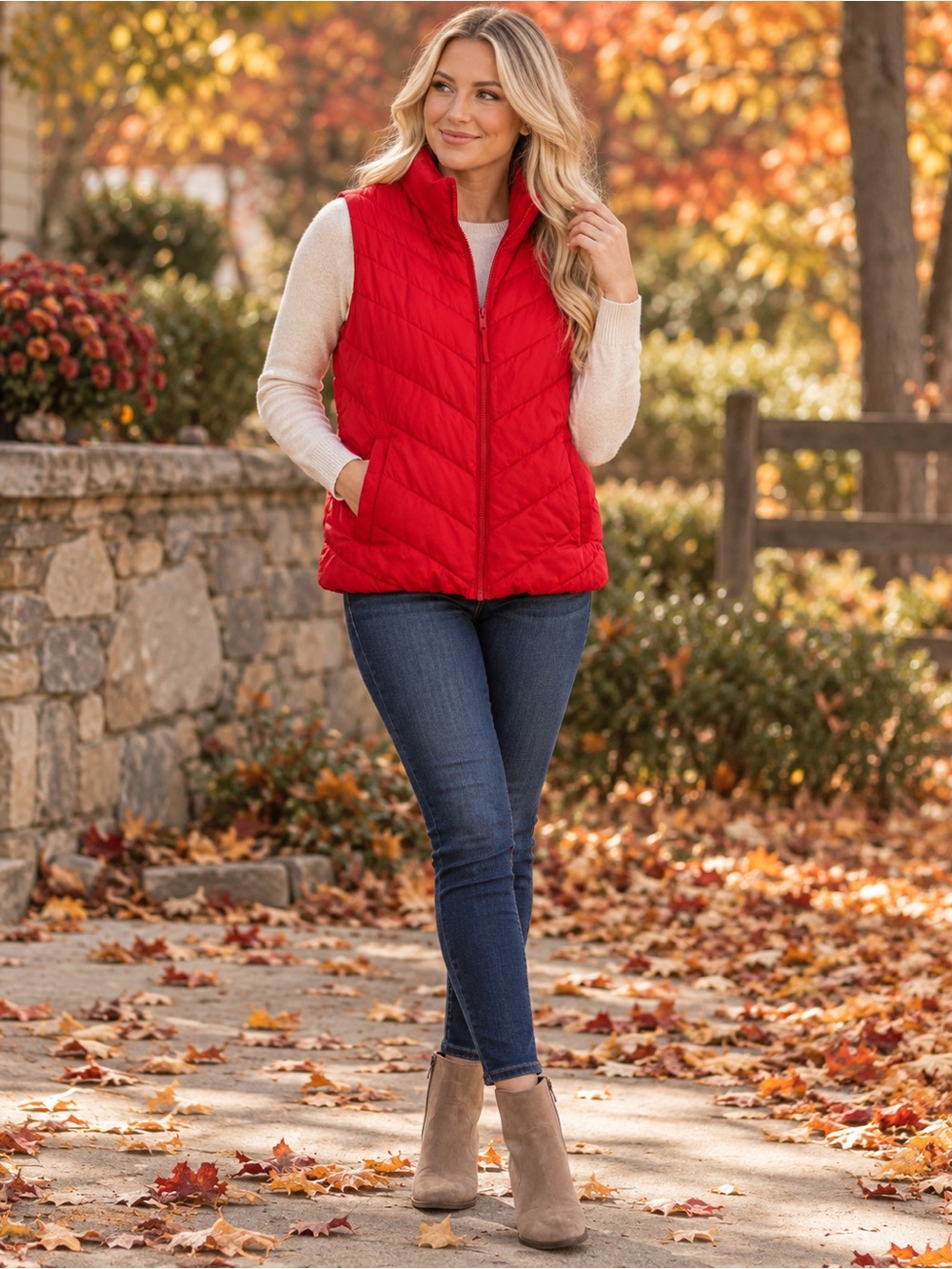 GAP Women’s Red Quilted Puffer Vest Size Medium Full Zip Chevron